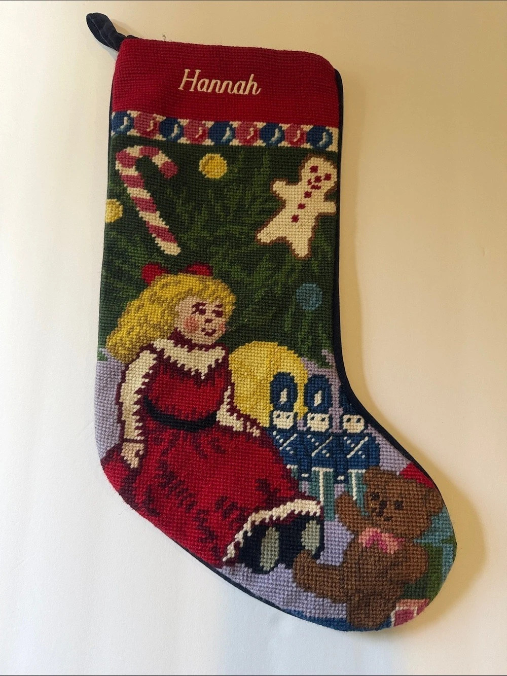 Lands' End Needlepoint Christmas Stocking - Gingerbread House / Doll Design Red